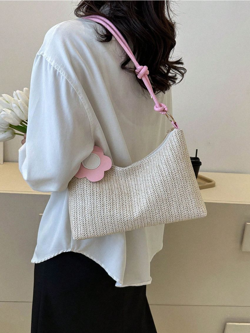 Vacation Straw Bag Flower Decor Zipper For Beach