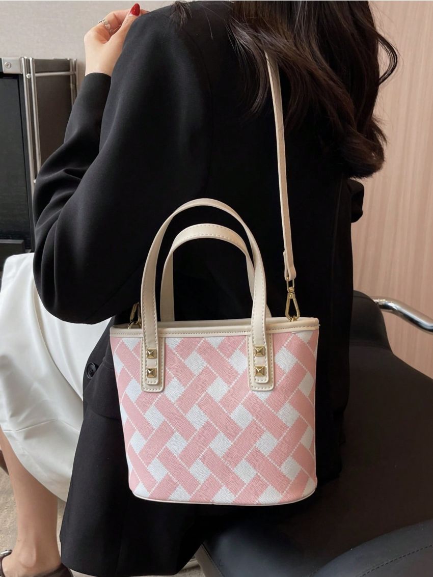 Small Bucket Bag Geometric Pattern Double Handle PU