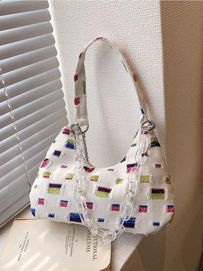 Polyester Hobo Bag Patch & Chain Decor Zipper