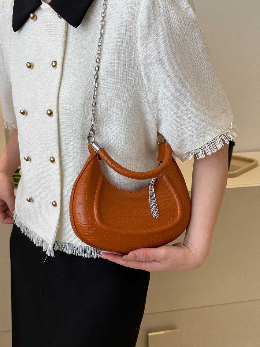 Small Crocodile Embossed Hobo Bag Tassel Decor Top Handle For Daily