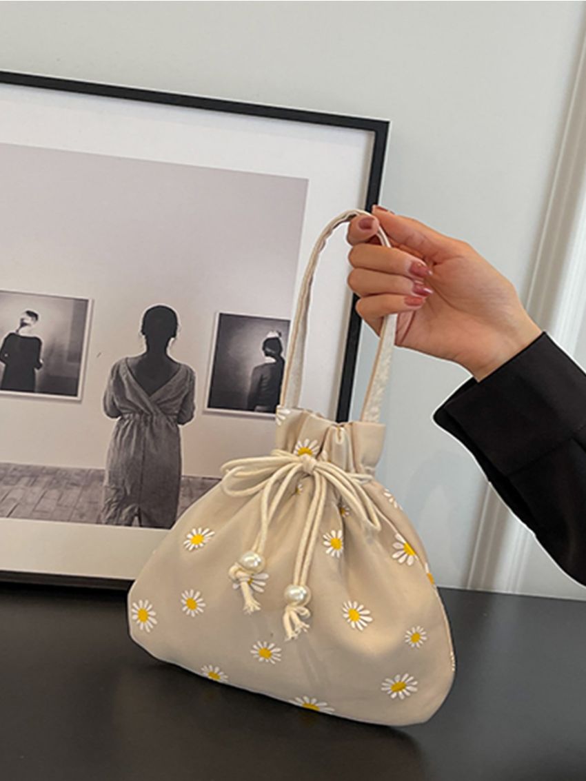 Polyester Bucket Bag Flower Embroidered Drawstring Faux Pearl Decor