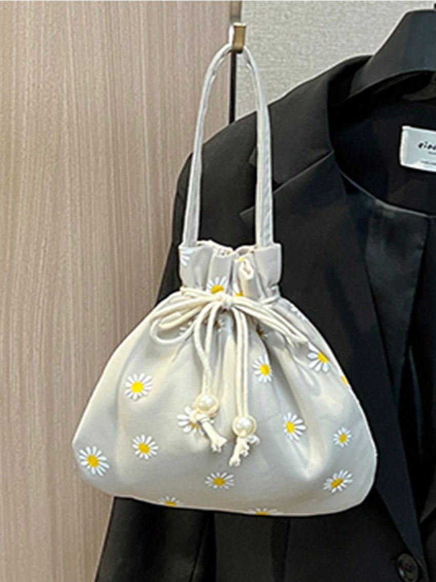 Polyester Bucket Bag Flower Embroidered Drawstring Faux Pearl Decor