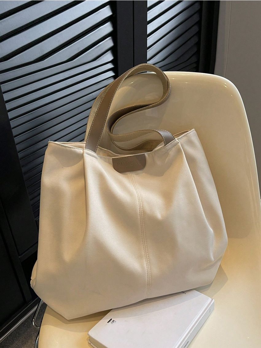 Black Shopper Bag Letter Patch Decor Double Handle