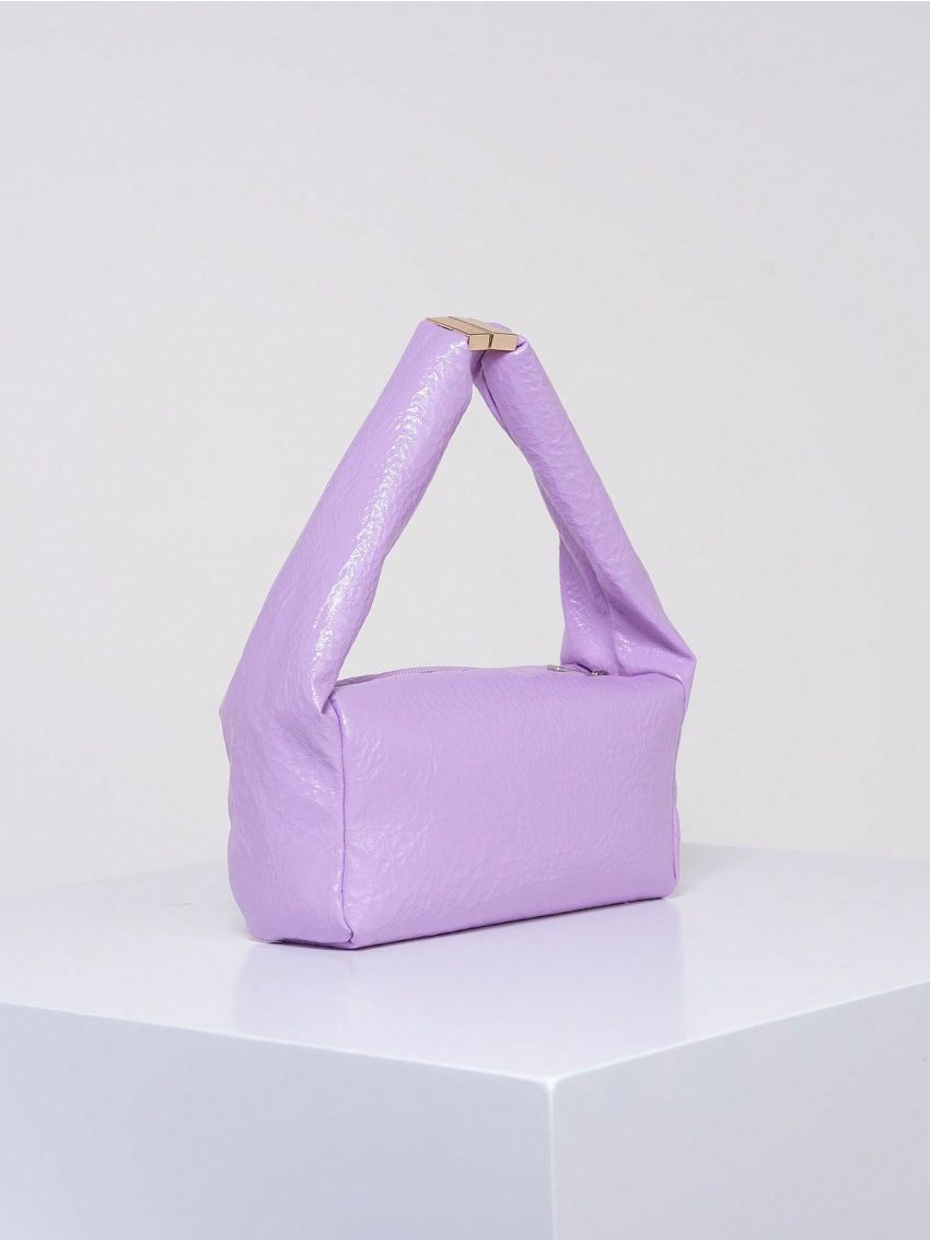 PU Square Bag Zipper Embossed Detail Top-Handle Purple