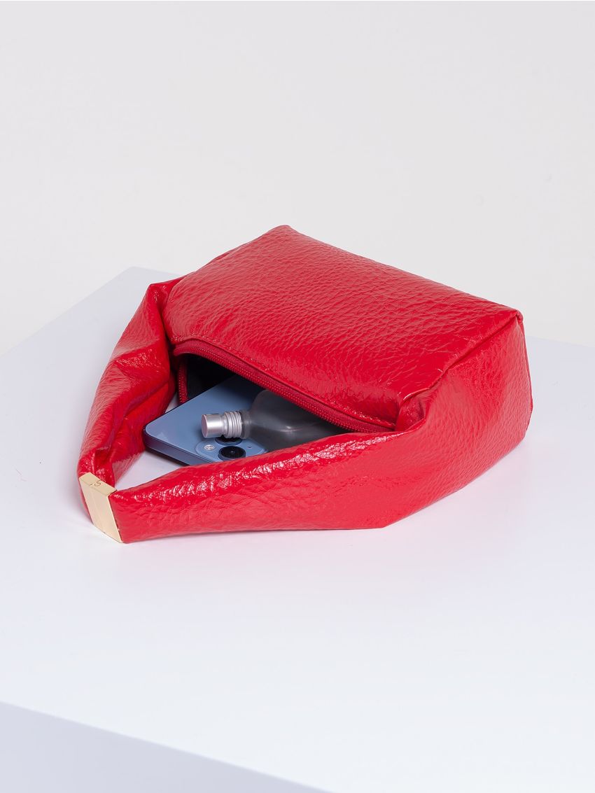 PU Square Bag Embossed Detail Zipper Top-Handle Red