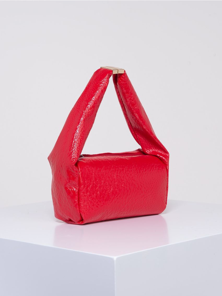 PU Square Bag Embossed Detail Zipper Top-Handle Red