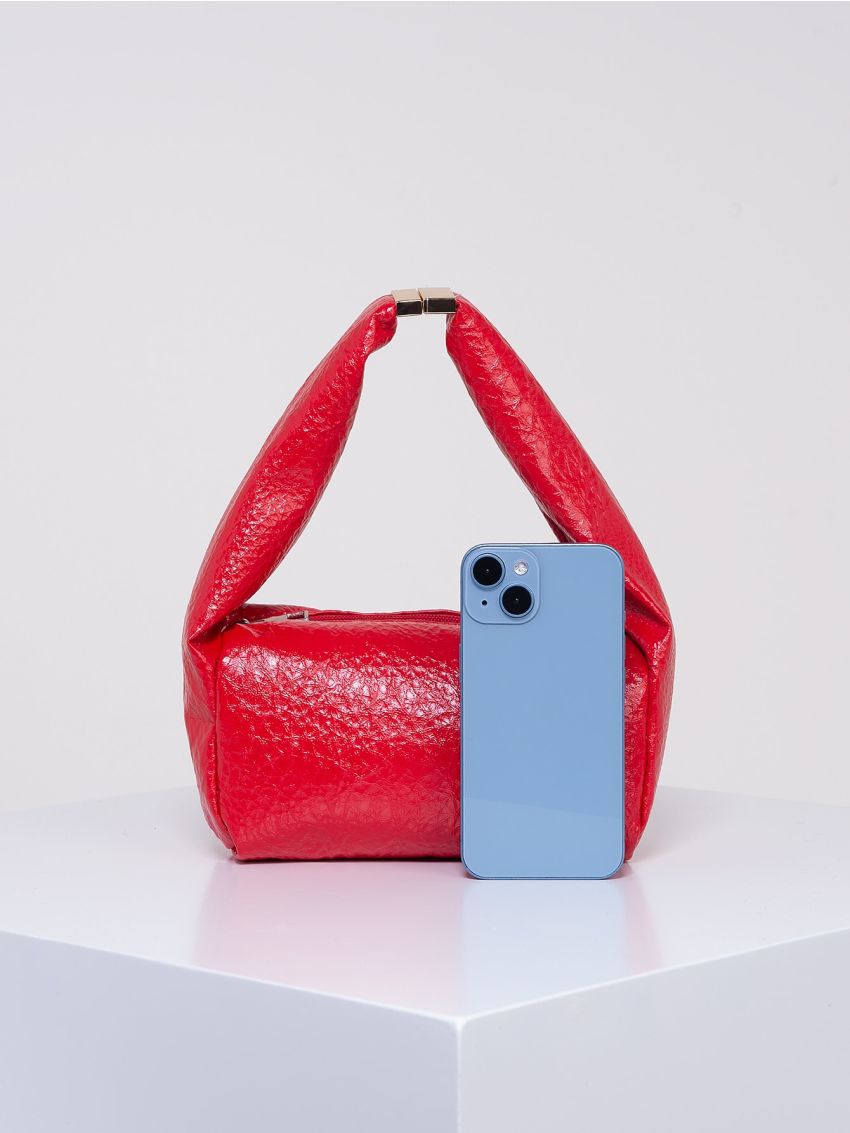 PU Square Bag Embossed Detail Zipper Top-Handle Red