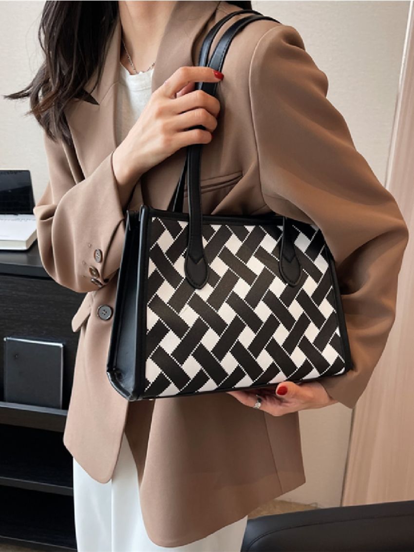 Fashionable Tote Bag Plaid Pattern High-capacity Double Handle Zipper For Office