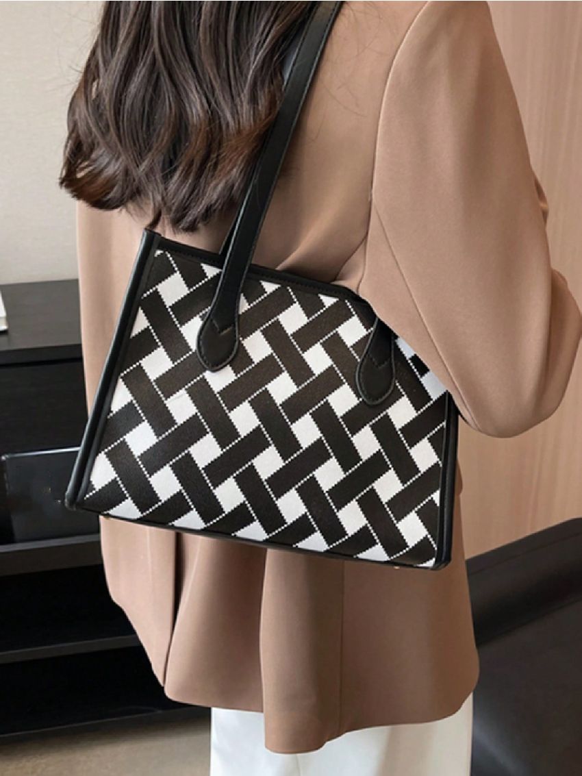 Fashionable Tote Bag Plaid Pattern High-capacity Double Handle Zipper For Office