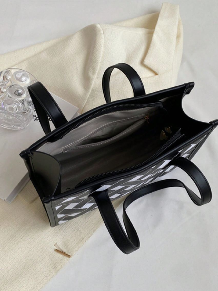 Fashionable Tote Bag Plaid Pattern High-capacity Double Handle Zipper For Office