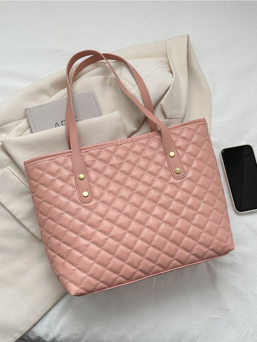 Quilted Pattern Shoulder Tote Bag Pink
