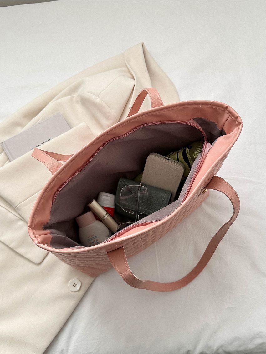 Quilted Pattern Shoulder Tote Bag Pink