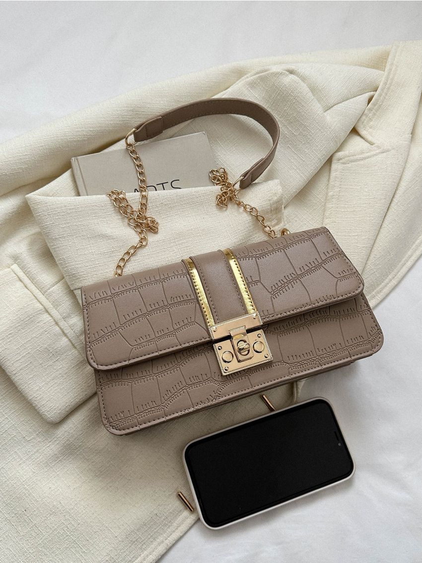 PU Square Bag Buckle Decor Flap Chain