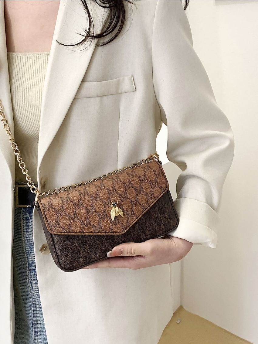 Small Flap Square Bag Letter Graphic Metal Decor