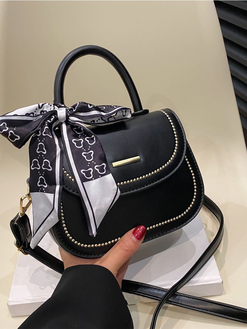 Mini Flap Saddle Bag Embroidered Detail Twilly Scarf Decor