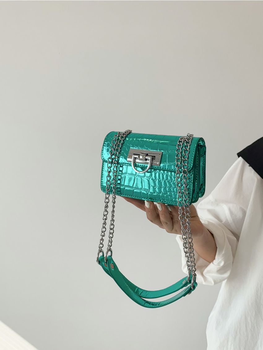 Mini Flap Square Bag Crocodile Embossed Metallic Funky