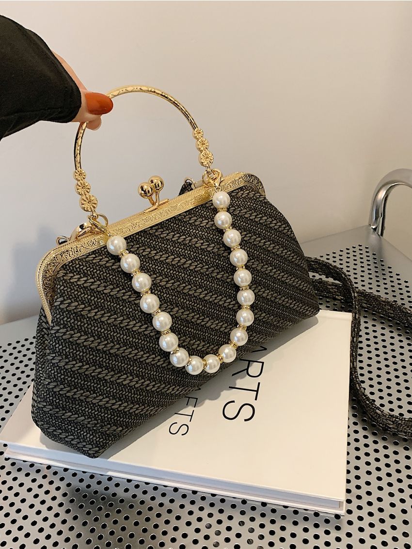 Small Satchel Bag Braided Pattern Faux Pearl Decor