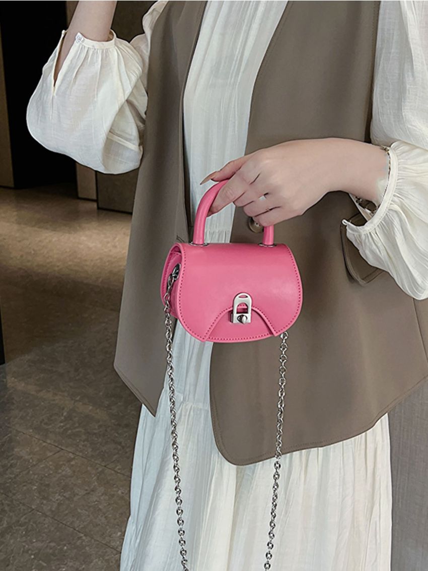 Mini Saddle Bag Twist Lock Chain Strap Top Handle Solid Color Funky Style