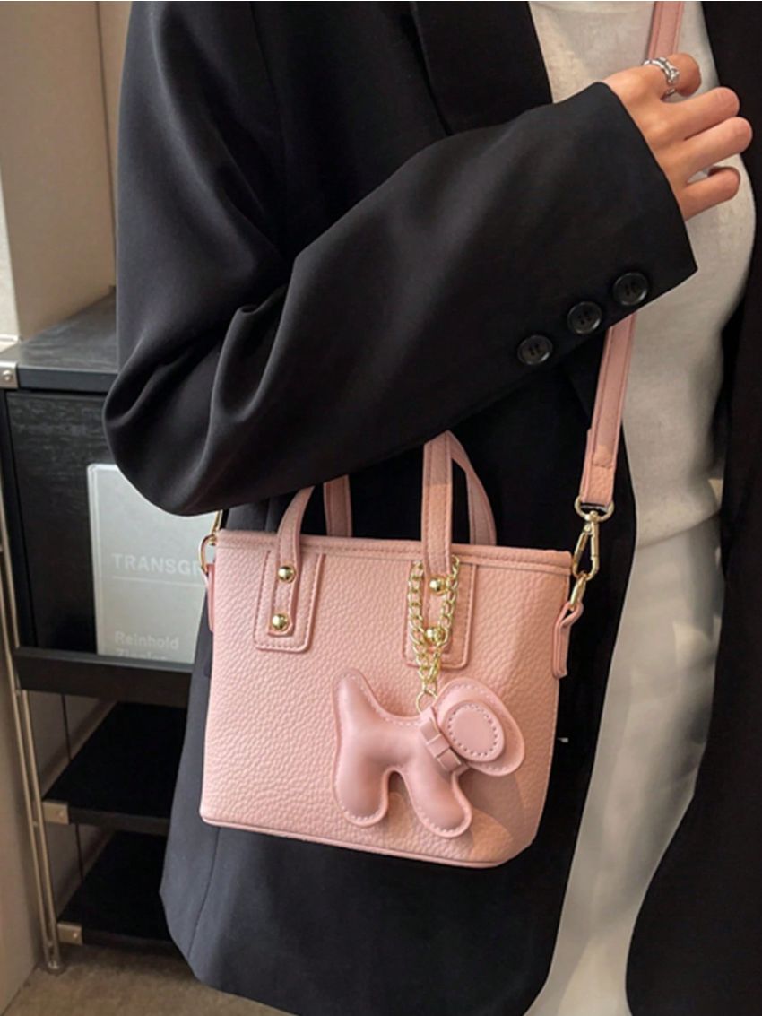 Small Bucket Bag Solid Color Double Handle With Bag Charm