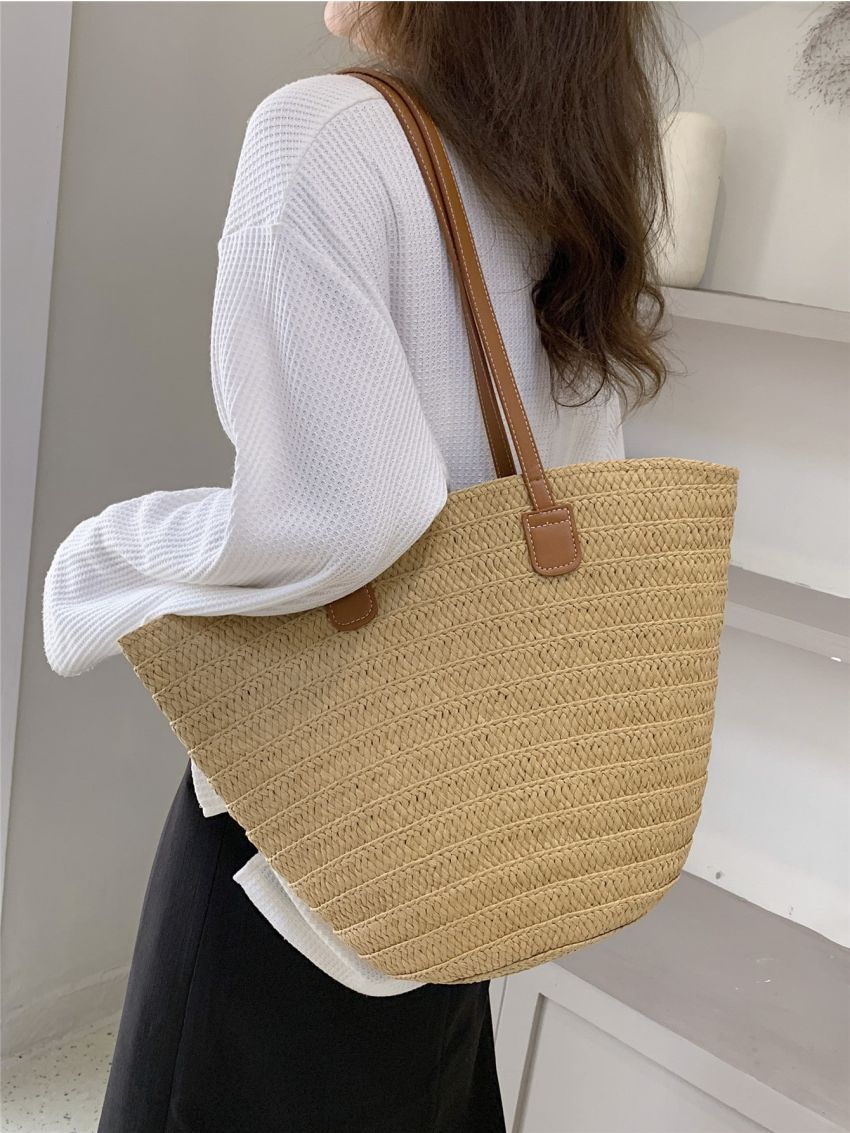 Large Capacity Straw Bag Double Handle For Vacation
