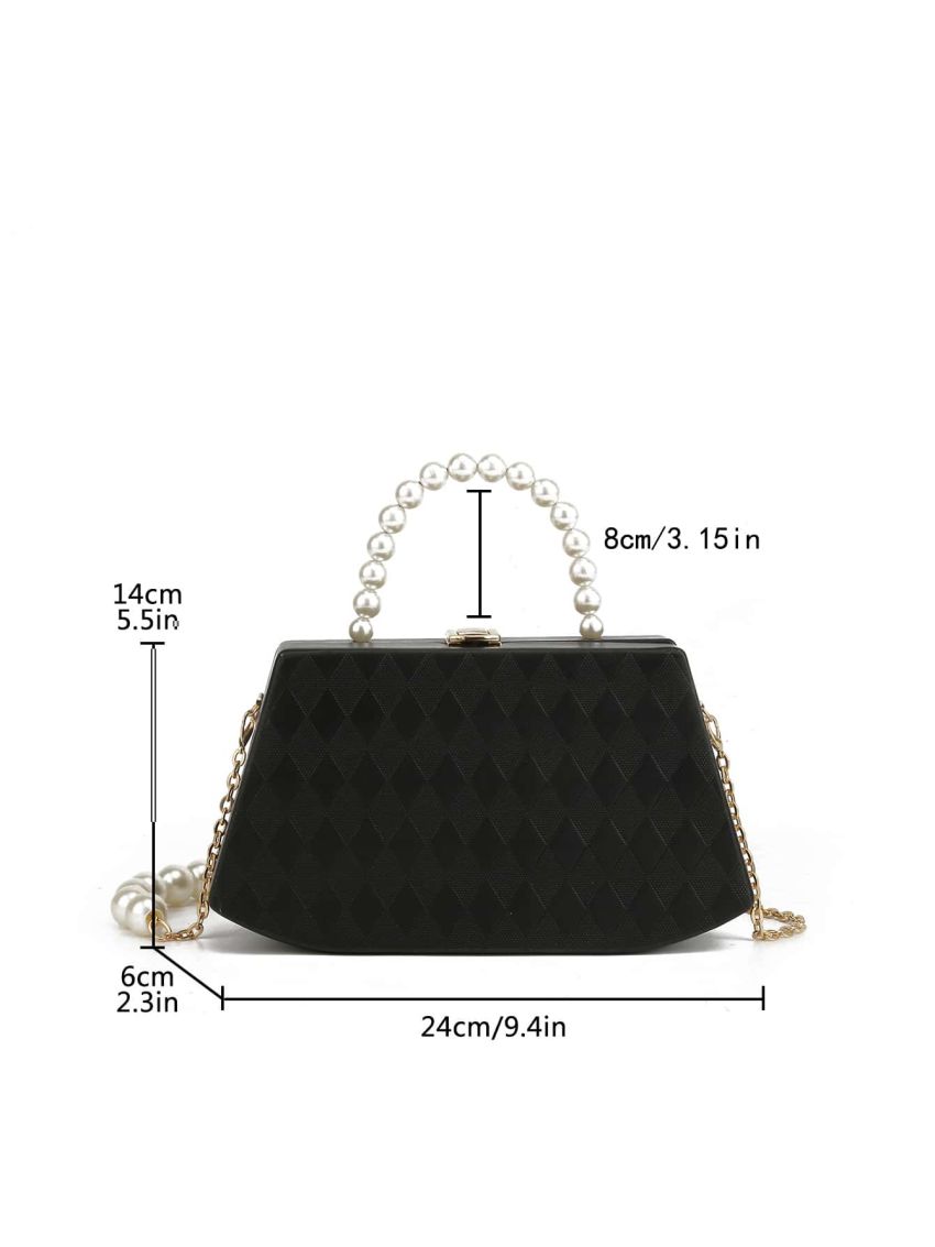 Small Box Bag Argyle Embossed Faux Pearl Decor Chain Strap