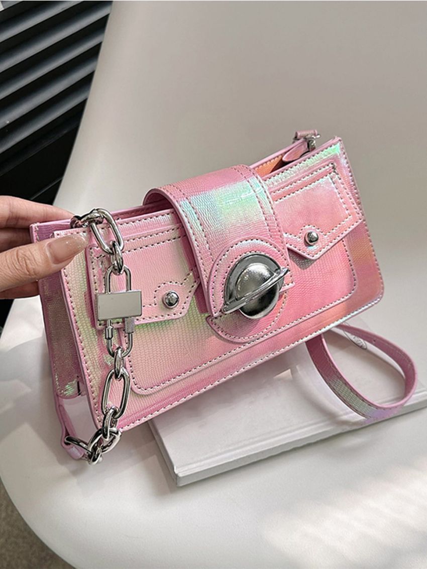Small Baguette Bag Holographic Pattern Metal Decor Funky Style
