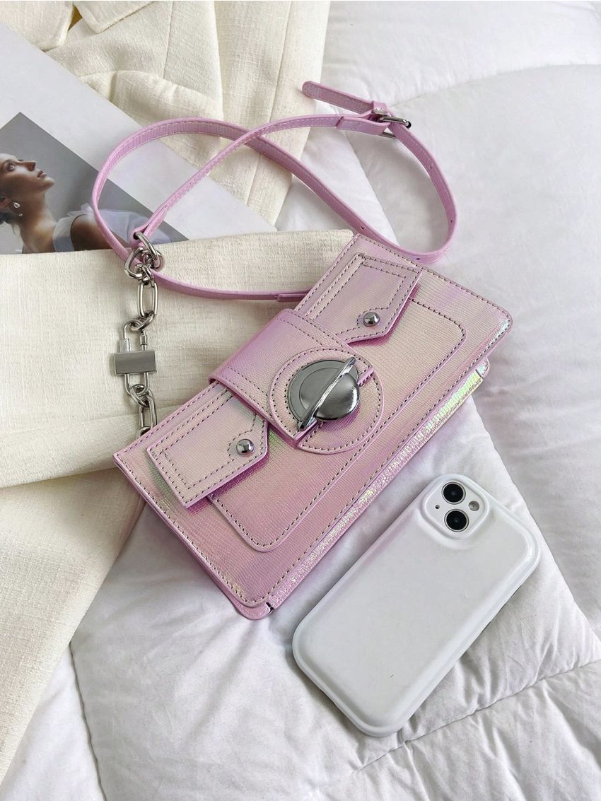 Small Baguette Bag Holographic Pattern Metal Decor Funky Style