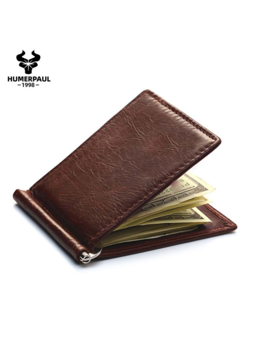 Men Money Clip Genuine Leather Male Purse Billfold Wallet Card Holder Male Clamp Slim Money Purse