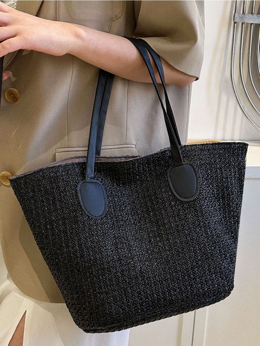 Two Tone Straw Bag Large Capacity Double Handle Vacation
