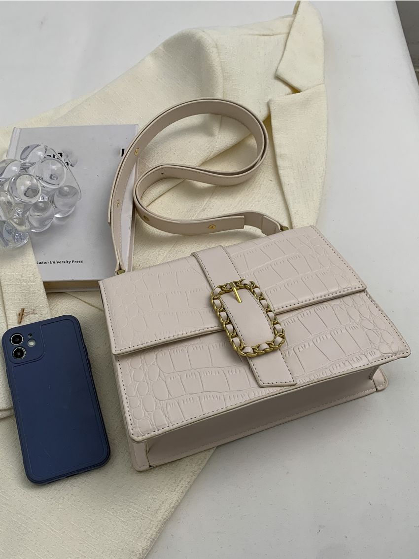 Small Flap Square Bag Crocodile Embossed Chain & Buckle Decor