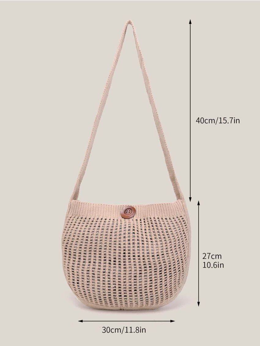 Women's Crochet Shopping Bag, Multi-Purpose Solid Color Minimalist, Large Capacity Buckle Design Mother's Day Gift Handbag, Suitable For Grandma And Mom Shopping Hand-Woven Bag