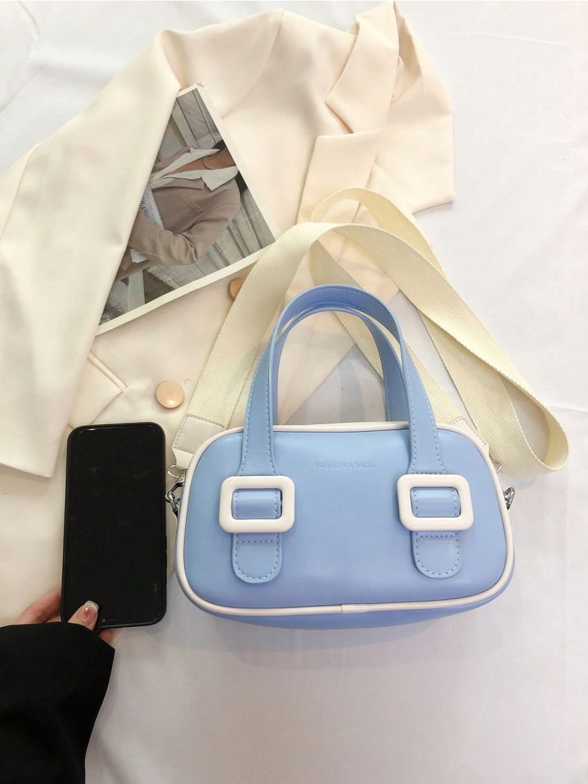 Small Square Bag Buckle Decor Double Handle Contrast Binding