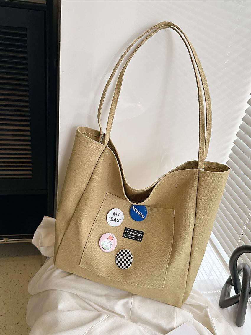 Medium Shopper Bag Double Handle Badge Decor