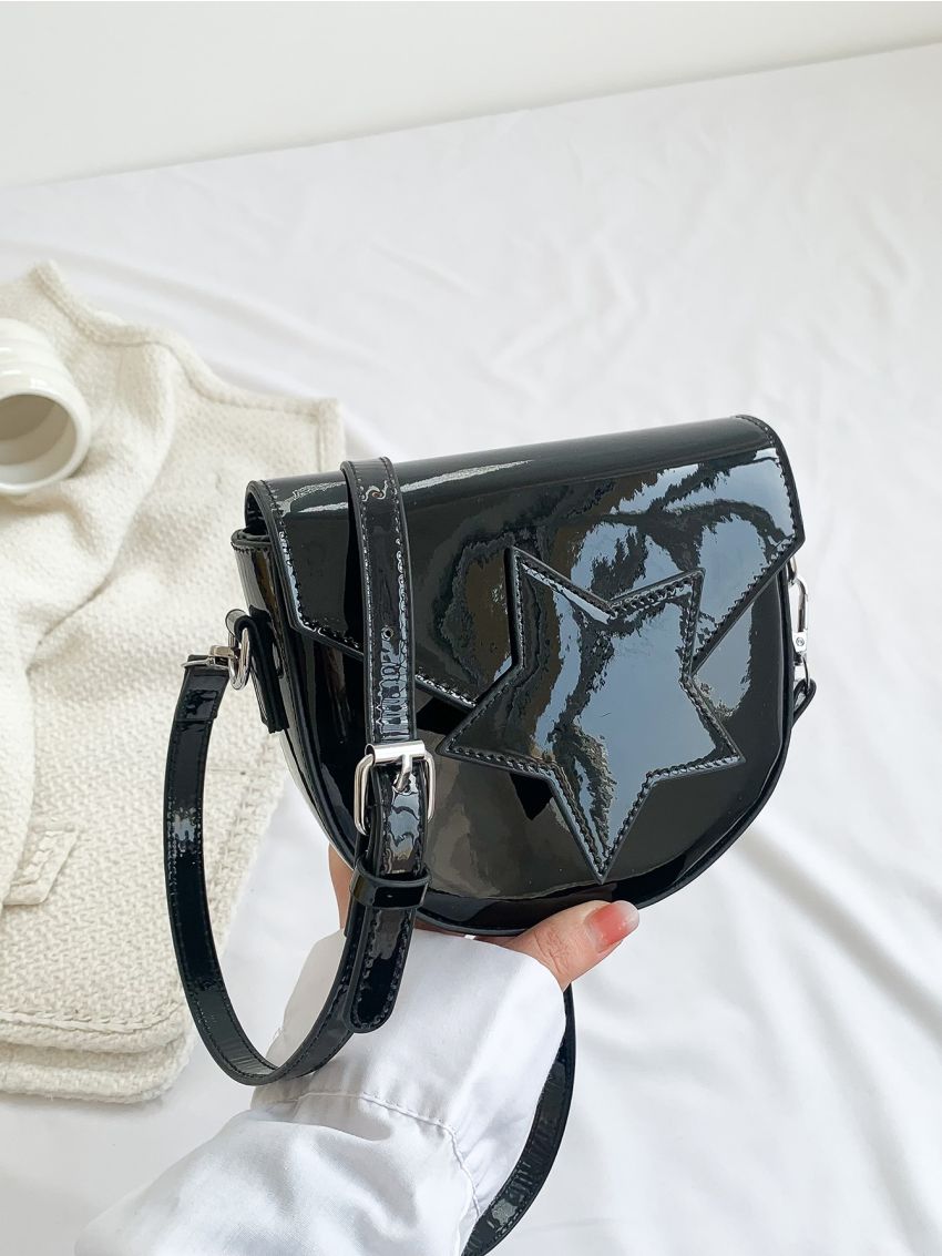 Star Graphic Saddle Bag Mini Flap Black