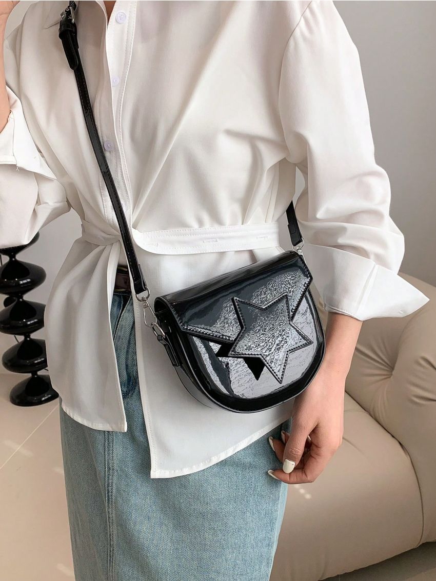 Star Graphic Saddle Bag Mini Flap Black