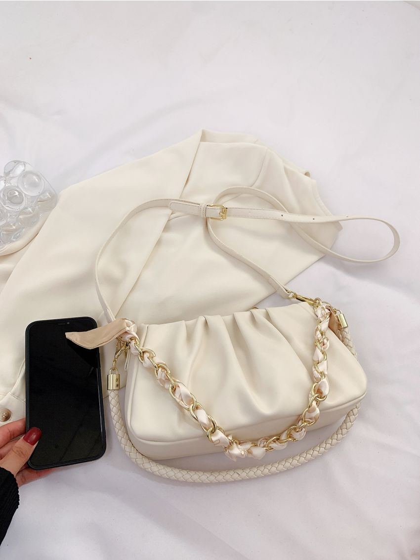 Medium Ruched Bag Solid Color Chain Decor