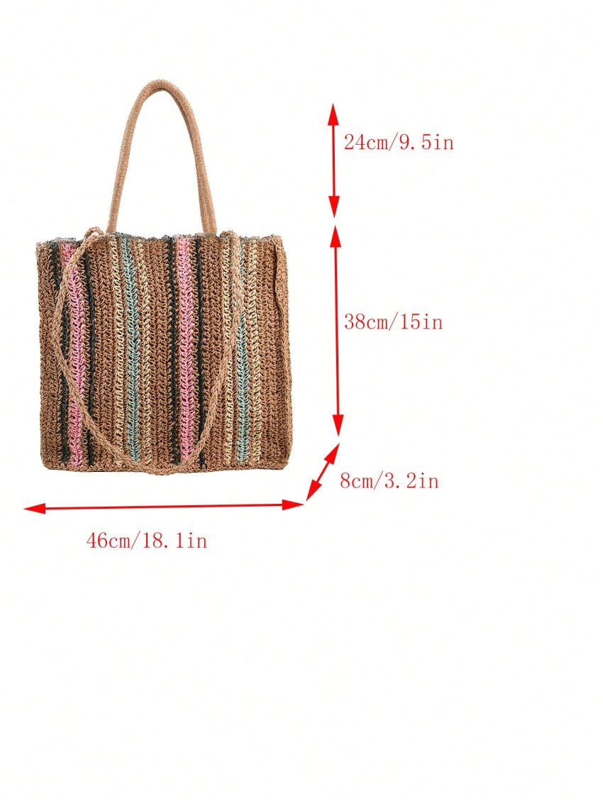 Colorblock Straw Bag Large Capacity Double Handle For Vacation