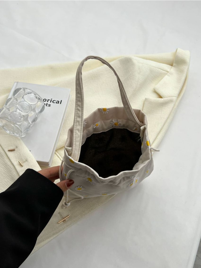 Small Bucket Bag Flower Decor Faux Pearl Detail