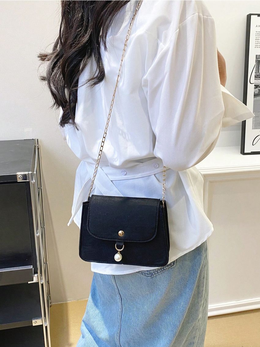 Mini Flap Square Bag Pearl Decor Nylon