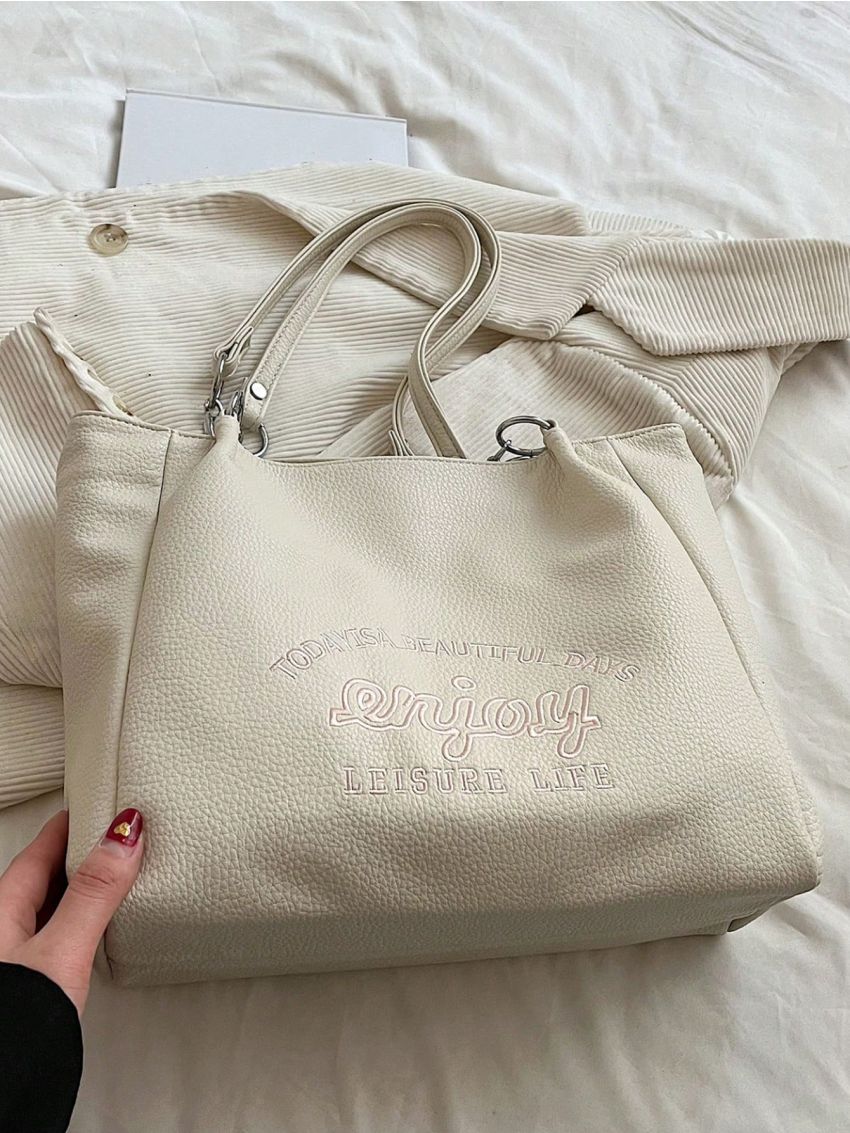 Small Shoulder Tote Bag Letter Graphic Litchi Embossed