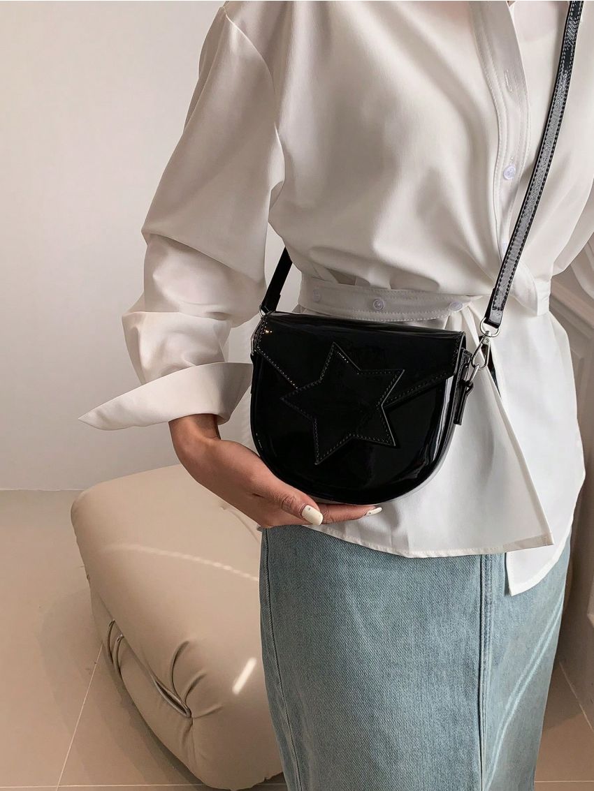 Star Graphic Saddle Bag Mini Flap Black