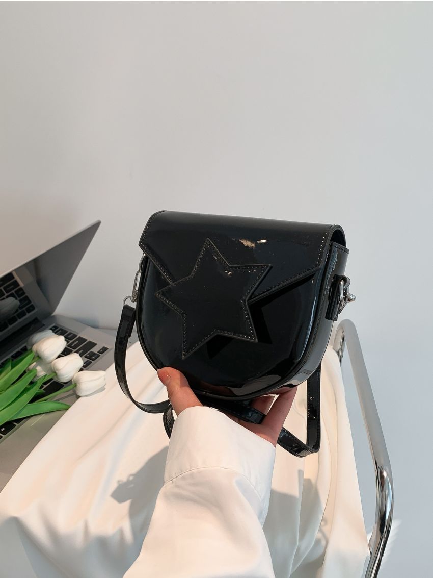 Star Graphic Saddle Bag Mini Flap Black