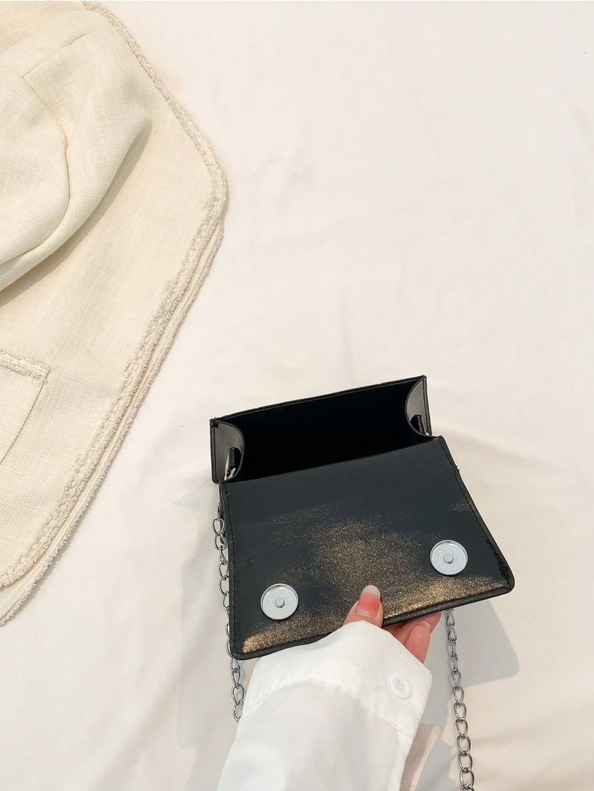 Mini Square Bag Top Handle Flap Chain Black PU