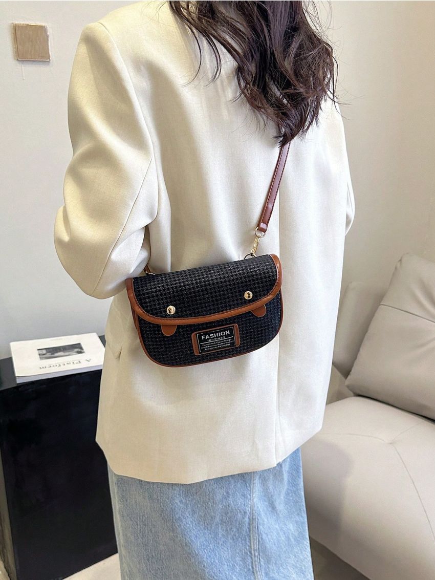 Small Flap Saddle Bag Houndstooth Pattern Letter Patch Decor Contrast Binding