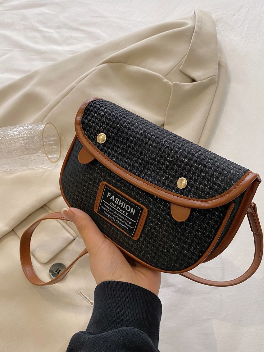 Small Flap Saddle Bag Houndstooth Pattern Letter Patch Decor Contrast Binding