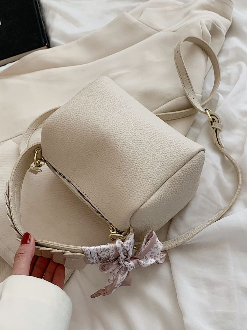 Mini Bucket Bag Twilly Scarf Decor Litchi Embossed