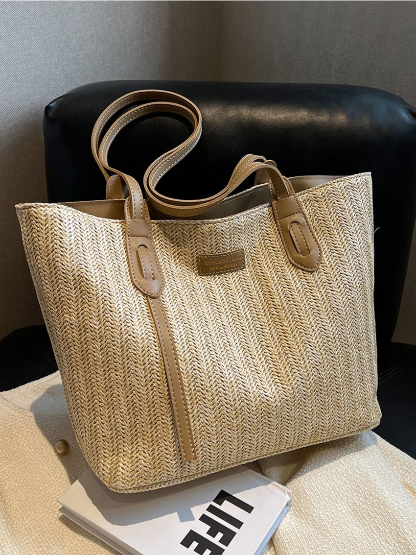 Large Straw Bag Letter Patch Decor