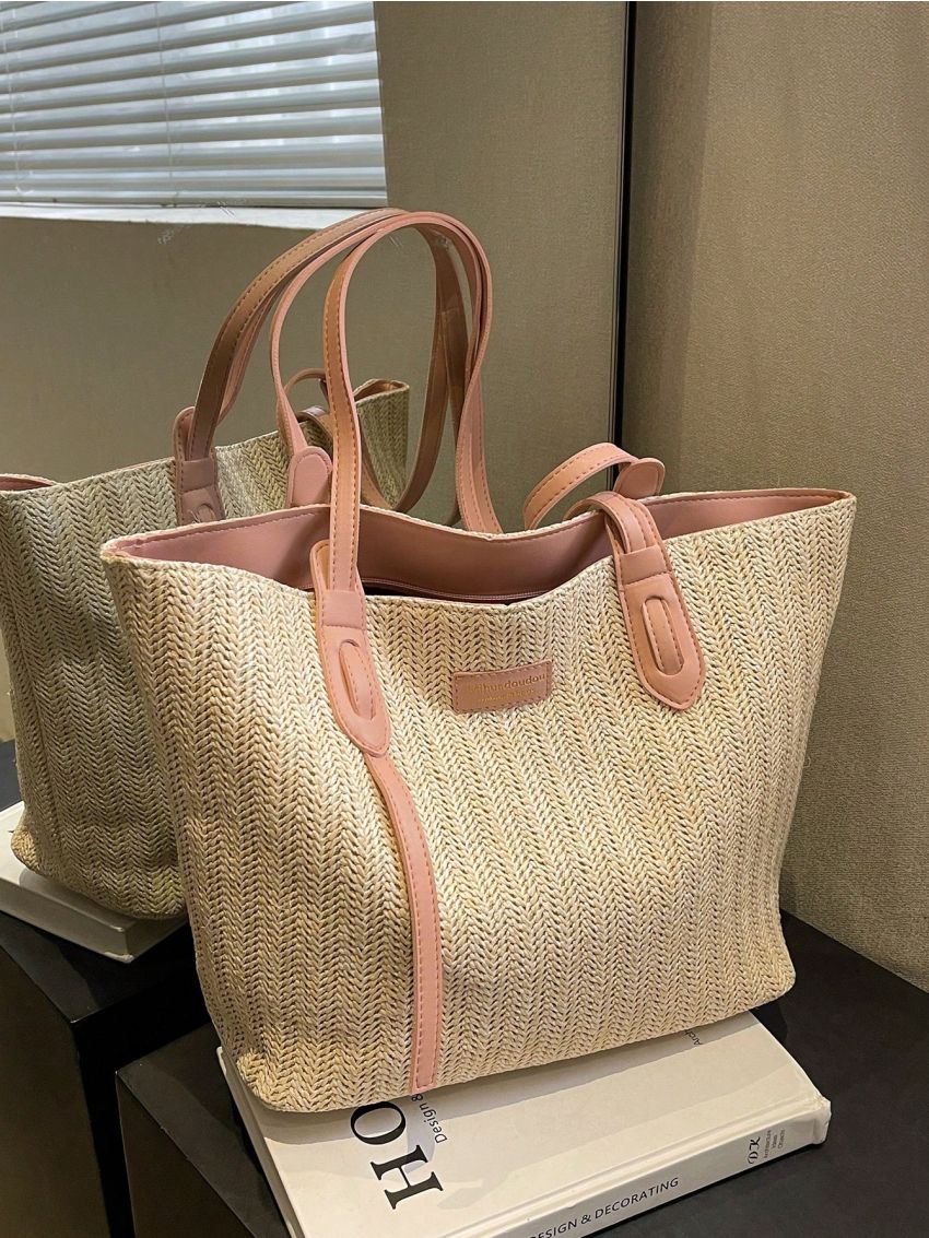 Large Straw Bag Letter Patch Decor