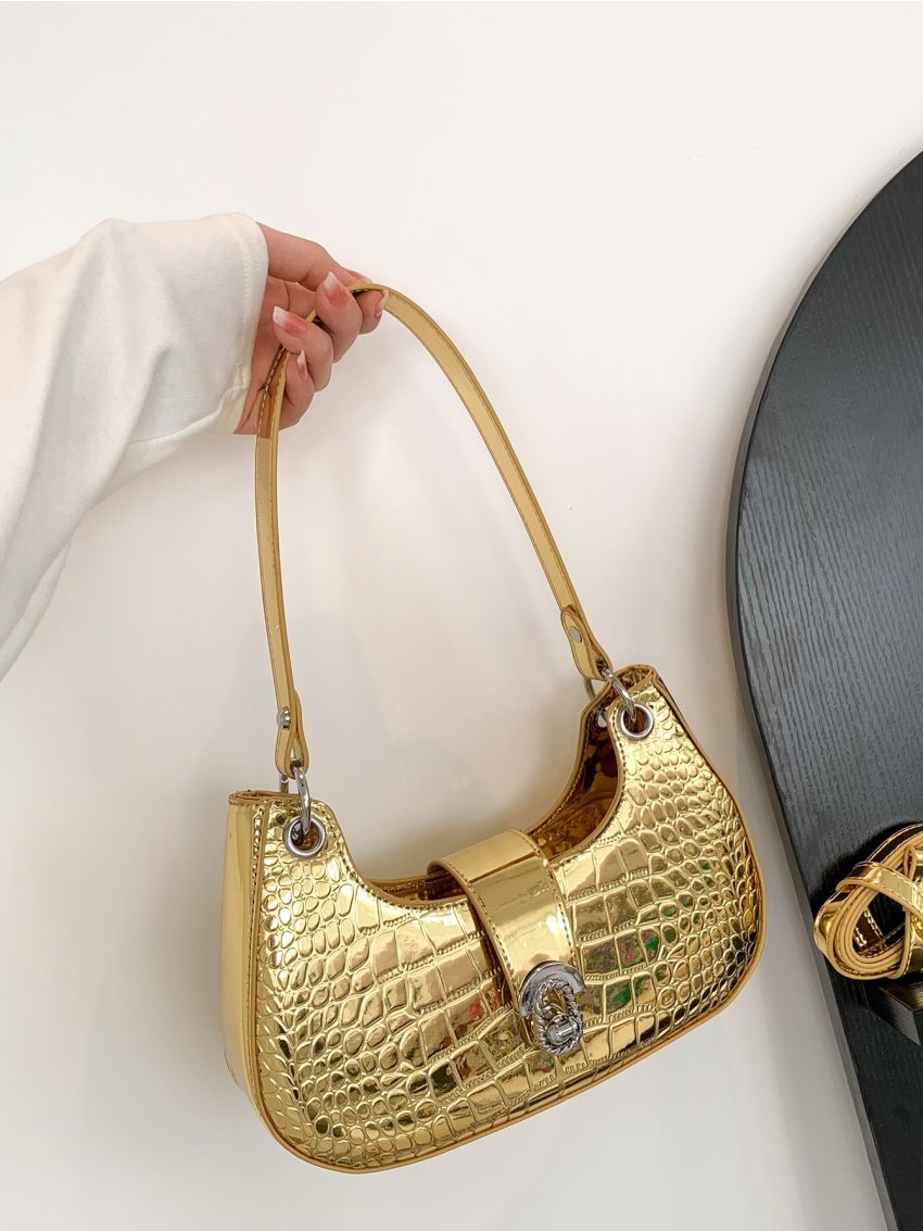 Metallic Hobo Bag Crocodile Embossed Metal Decor Funky