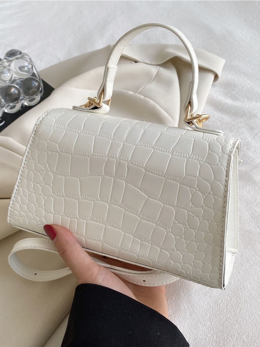 Crocodile Embossed Flap Square Bag Buckle Decor